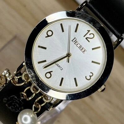 Decree Love Charm Women's Watch Gold Tone Black Leather NEW BATTERY RUNS! - Image 1 of 4