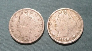 1907 and 1908 Liberty Nickel - (2) U.S. 5 cent coins - Picture 1 of 2