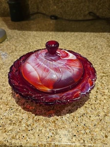 Stunning Vintage Imperial Slag Glass Round Butter Dish with Lid Red Orange White - Picture 1 of 4