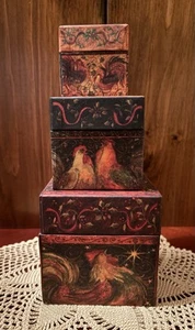 Lang Decorative Bob’s Boxes 3 Pc Set Primitive “Roosters Holiday” Susan Winget - Picture 1 of 7