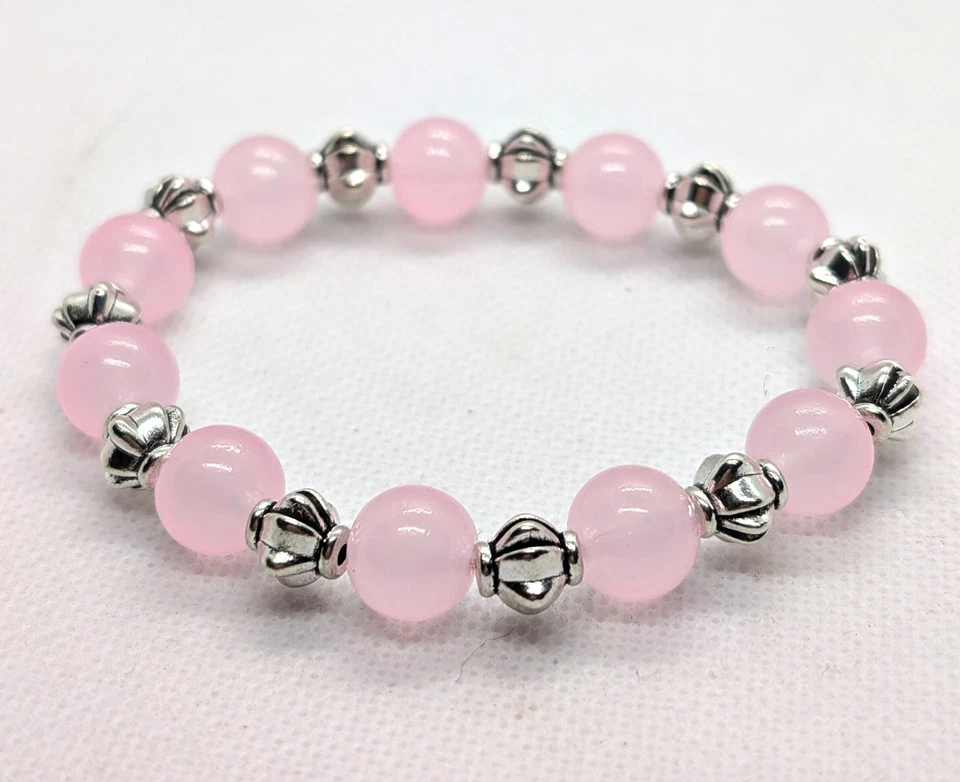 Pulsera elástica de cuentas de jade rosa claro y plata tibetana de 10 mm para mujer Foto 1 de 1