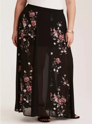 Maxi Falda Con Pantalones Cortos Torrid Runway Collection Negra Floral de Gasa Talla 1 Foto 1 de 3