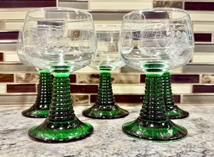 5 Vtg German Roemer Wine Glasses Green Beehive Stem Etched Grapevine Pattern - Picture 1 of 6
