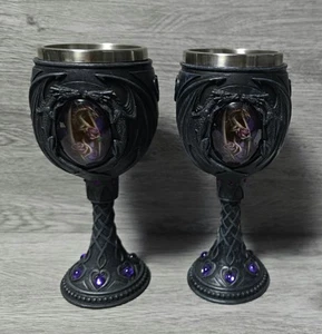 Pair Nemesis Now Gothic Fantasy Dragon, Resin Tall Goblets Wine Champagne Glass - Picture 1 of 24