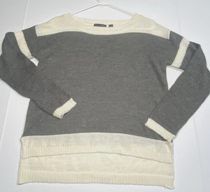 Willi Smith Women's Sweater Small Gray Cream Colorblock Stripe Wool Blend Hi Lo - Picture 1 of 9
