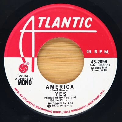 YES - AMERICA -  ROCK 45  *PROMO* ATLANTIC - Image 1 of 2