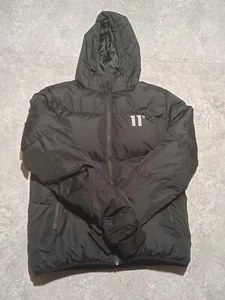 11 Degrees Puffer Jacket Men Medium Black Hood Full Zip Winter Coat Bodywarmer - Picture 1 of 11