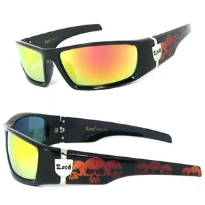 Occhiali da sole sportivi Locs da uomo moto biker Gangsta lenti rosso fuoco templi teschio - Foto 1 di 5