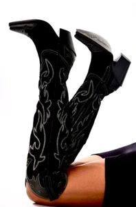 Free People Wild West Thigh High Boot Black Suede Leather White Stitch 36/6 NEW - Picture 1 of 6