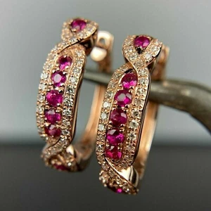 1.20Ct Round Cut Lab-Created Ruby Diamond Women's Hoop Earrings Rose Gold Plated - Picture 1 of 4