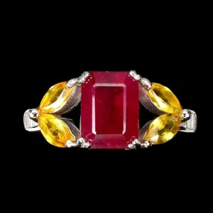 Summer 925 Silver Ring Octagon Ruby 8x6mm Yellow Sapphire Gemstone Jewelry - Picture 1 of 10
