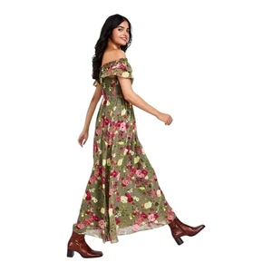 Bar III Floral Off Shoulder Maxi Dress XL Olive Green Romantic NWT - Picture 1 of 16