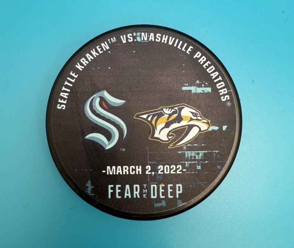 Inaugural Season - Seattle Kraken vs Nashville Predators - Game Puck - 3/2/22 - Image 1 of 2