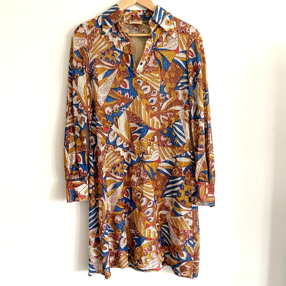 复古 Pat Richards 连衣裙 10 码金属迷幻花卉 Groovy 60 年代 70 年代 — 第 1/4 张图片