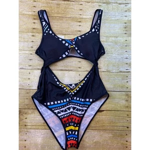 Traje de baño de una pieza negro estampado geométrico recorte pierna alta monokini - Imagen 1 de 18