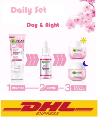 Set Of GARNIER Skin Natural Face Care Sakura Hyarulon Serum+Foam+Day&Night Cream - Image 1 of 4