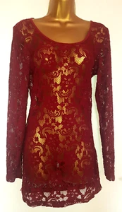 VILA BERRY RED LACE BODYCON DRESS TRANSPARENT S/ M PUNK - Picture 1 of 8