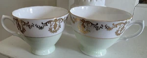 Vintage Royal Vale Bone China Tea Cups Soft Green and Gold Set of 2 Cups 7352 - Picture 1 of 4
