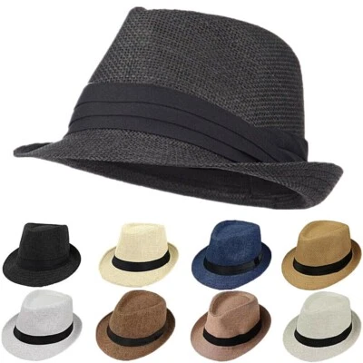 Unisex Summer Straw Fedora Hat Trilby Cuban Sun Cap Panama Short Brim Visor - Image 1 of 4