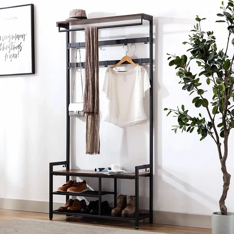 33.8'' Wide Iron Hall Tree with Bench and Shoe Storage Cover