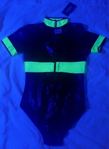 Sexy Forplay Firefighter Black Bodysuit Costume 553735 Glows In Blacklight S/M - Picture 1 of 12