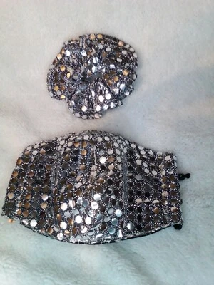 FACE MASK  WITH HAIR SCRUNCHIE  (BLACK & SILVER SEQUENCE) - Image 1 of 4