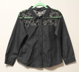 Beautiful English Factory Black Denim Lace Blouse Size M - Picture 1 of 6