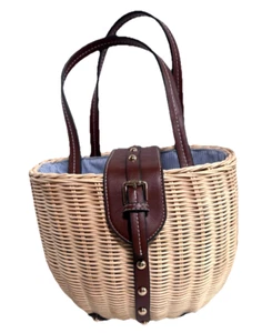 C&C California Wicker Hand Bag Purse Basket Woven Ratan Drawstring Liner 10x8.5” - Picture 1 of 11