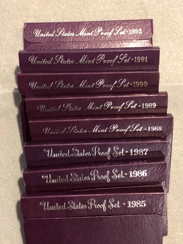 US Proof Sets ( 1985 to 92 consecutive) All COA - Great Condition - Free Ship Cover