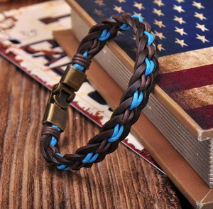G205 Surfer Handmade Hemp&Leather Braided Mens Wristband Bracelet Cuff Brown C - Picture 1 of 6