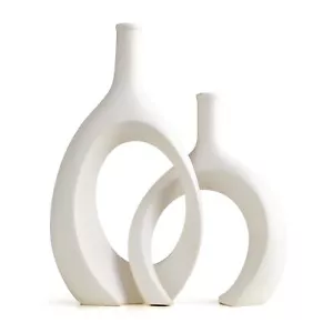 Set of 2 White Ceramic Vases Modern Hollow Minimalist Home Table Decor - Picture 1 of 9