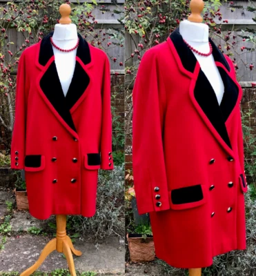 Abrigo Blazer Vintage MANSFIELD, Mezcla de Lana ROJA con Terciopelo NEGRO Años 80 (Reino Unido 16) en muy buena condición Foto 1 de 4