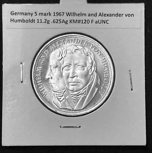 Germany 5 mark 1967 Wilhelm & Alexander von Humboldt KM#120 F 11.2g Silver aUNC - Picture 1 of 8