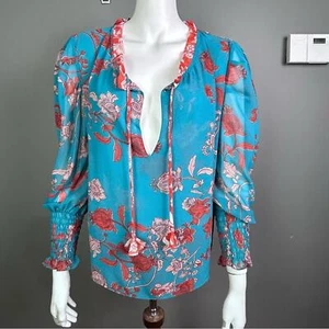 MISA Revolve Top Medium Siena turquoise floral tassel puff sleeve boho chic - Picture 1 of 14