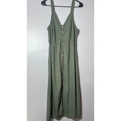 Maxi Vestido Xhilaration L Verde Oliva Botón Frontal Sin Mangas Pierna Ancha Nuevo con Etiquetas Boho Foto 1 de 4