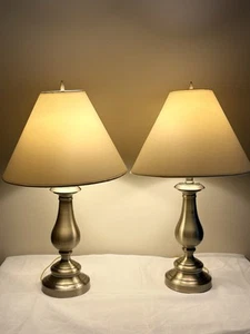 VTG Pair~Set~STIFFEL Brass Table Lamps & Original SHADES 3-WAY 26" Tall - Picture 1 of 20