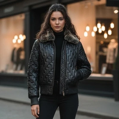 Chaqueta de bombardero Hudson Outerwear Puffer para mujer talla M cuero negro con capucha acolchada Foto 1 de 4