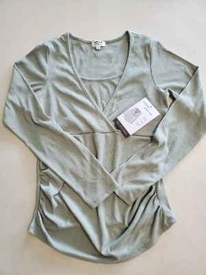 Heart & Hips Maternity Nursing Wrap Top Sage Green Ribbed NWT Size S Shirred - Image 1 of 4