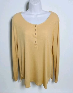 Top tejido Henley acanalado algodón Jill Pima L Petite amarillo mantequilla elástico informal - Imagen 1 de 7