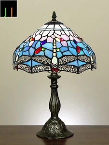 New Arrival JT Tiffany Stained Glass Blue Dragonfly Style Bedside Table Lamp - Picture 1 of 9