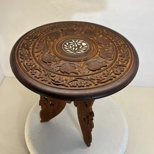 Anglo Indian Inlay VTG Antique Folding Table Early 20th Century Hand Carved 12” - Picture 1 of 12