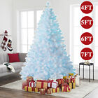 4/5/6/7ft White Christmas Tree With Blue LED Lights Bushy Pine Xmas Metal Stand