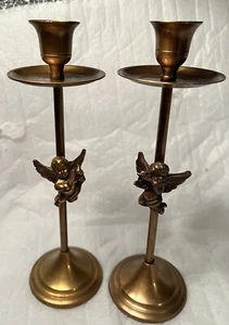 Paar Vintage Messing Cherub Engel Flöte Harfe Kegel Kerzenständer Hochzeit/Urlaub - Bild 1 von 10