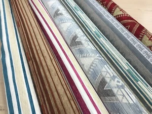 Chenille UPHOLSTERY FABRIC TEXTURED 140 CMS WIDE Aztec stripe FR material - Picture 1 of 39