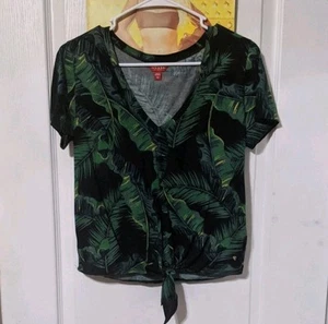 Maglietta Guess Tropical Palm Trea Leaves scollo a V cravatta nodo davanti crop top Xs - Foto 1 di 3