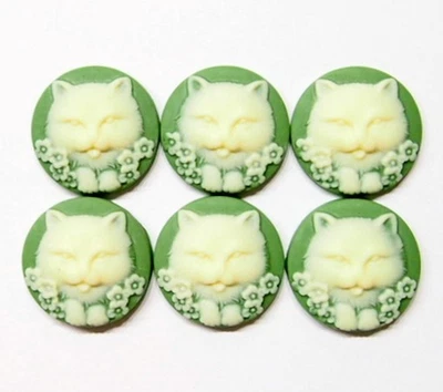 6 cabujones camafeo vintage crema sobre verde 30 mm redondo gatito gato gatito resina Foto 1 de 4
