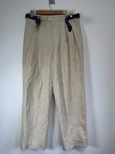 Casual Club Trousers Mens Size 32 Long Beige Linen Blend Straight Relaxed Belted - Picture 1 of 8