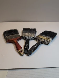 3 Large Old Paint Brushes 1 Wood Handle + 2 Plastic Handles Hairs R Soft 4"X 11" - Picture 1 of 14