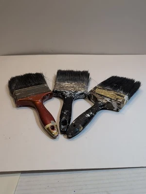 3 Large Old Paint Brushes 1 Wood Handle + 2 Plastic Handles Hairs R Soft 4"X 11" - Image 1 of 4
