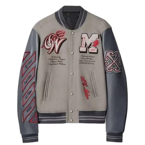 Chaqueta Universitaria AC Milan X Off-White Gris | Unisex Hecha a Mano Letterman - Imagen 1 de 5
